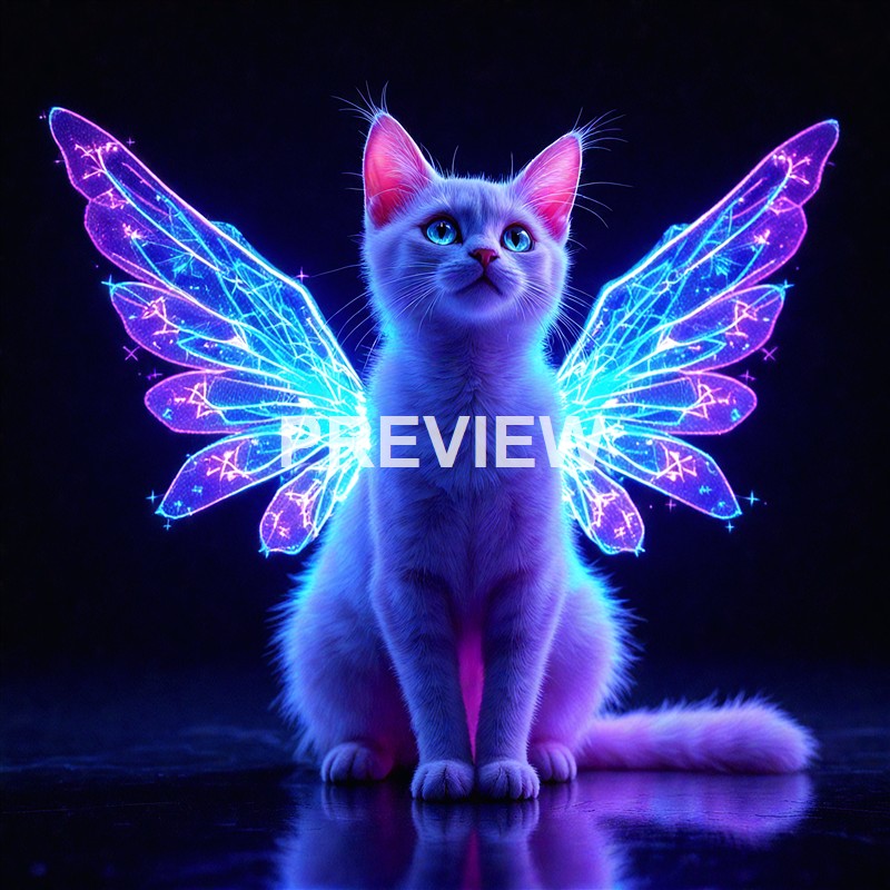 A cute white cat with bright blue eyes has glowing, colorful fairy wings attached to its back, set against a dark background.